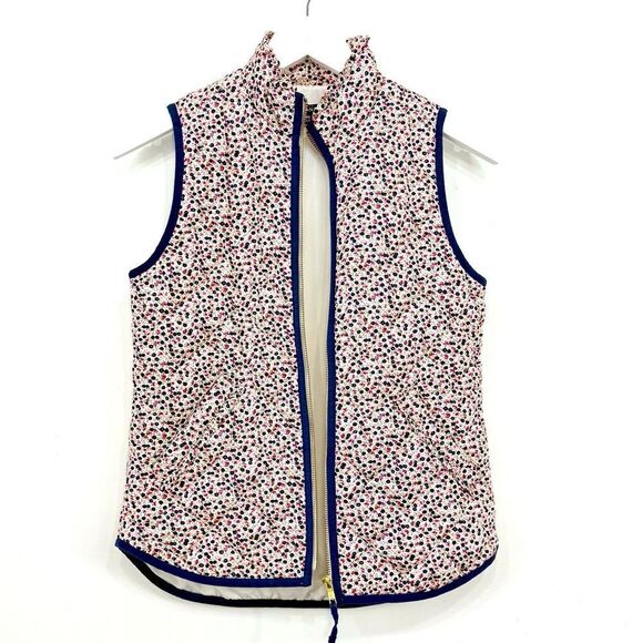 J. Crew Mercantile Blue Pink Floral Ruffled Mock Neck Zip Up Quilted Puffer Vest - Picture 7 of 16